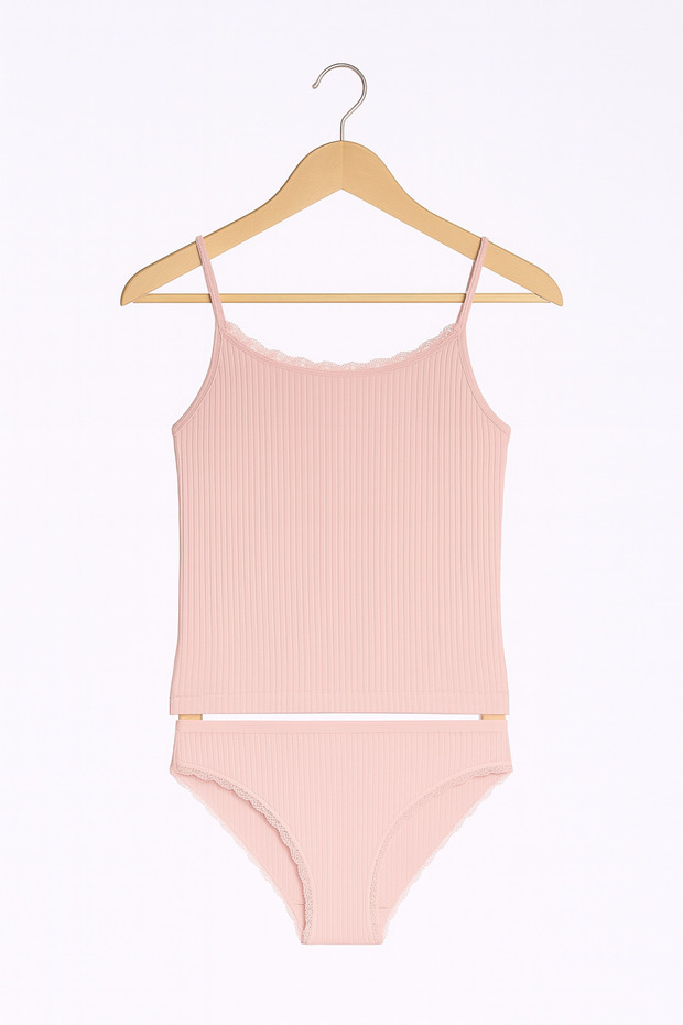 Women's Powder Viscose Lycra Soft Fabric String Strap Tank Top & Slip Panties Set L3I5K3L4Ekk