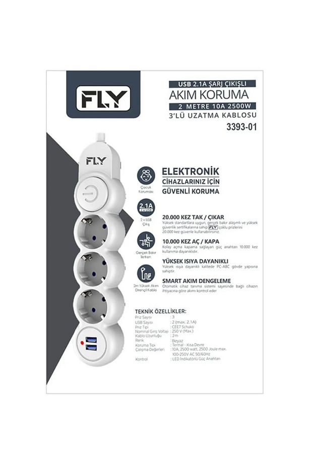 USB 2.1A ŞARJ ÇIKIŞLI AKIM KORUMALI 2 METRE 10A 2500W 3'LÜ UZATMA KABLOSU - 2