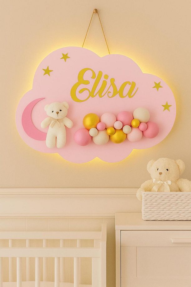 İstediğiniz Ismi Yazıyoruz - Bubble Ayıcıklı Ledli Bulut Bebek Kapı Süsü - 2