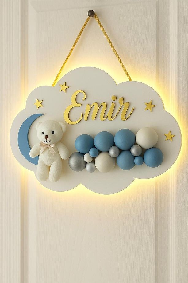 İstediğiniz Ismi Yazıyoruz - Bubble Ayıcıklı Ledli Bulut Bebek Kapı Süsü - 1