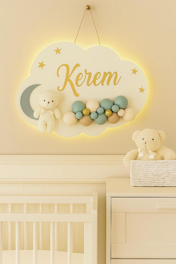 İstediğiniz Ismi Yazıyoruz - Bubble Ayıcıklı Ledli Bulut Bebek Kapı Süsü - 2