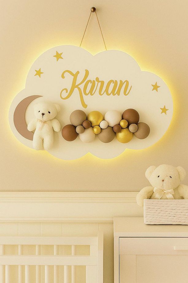 İstediğiniz Ismi Yazıyoruz - Bubble Ayıcıklı Ledli Bulut Bebek Kapı Süsü - 2