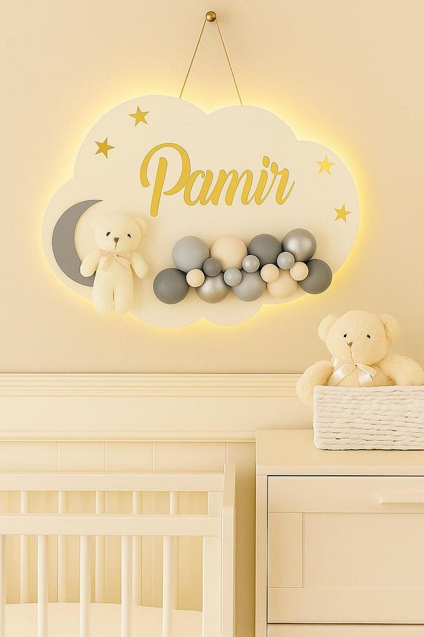 İstediğiniz Ismi Yazıyoruz - Bubble Ayıcıklı Ledli Bulut Bebek Kapı Süsü - 2