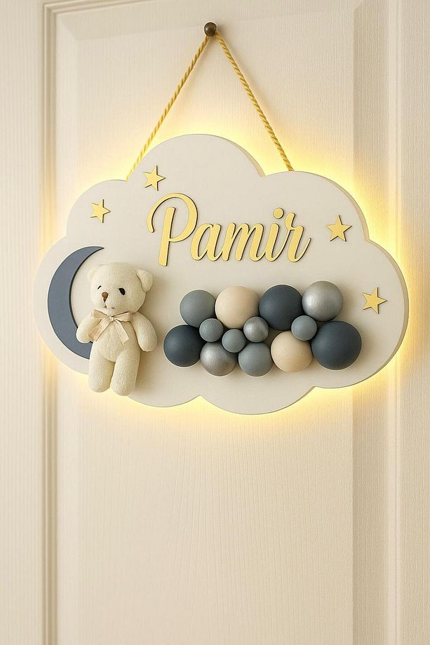 İstediğiniz Ismi Yazıyoruz - Bubble Ayıcıklı Ledli Bulut Bebek Kapı Süsü - 1