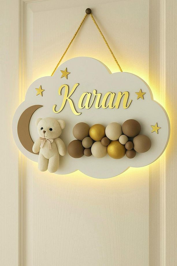 İstediğiniz Ismi Yazıyoruz - Bubble Ayıcıklı Ledli Bulut Bebek Kapı Süsü - 1