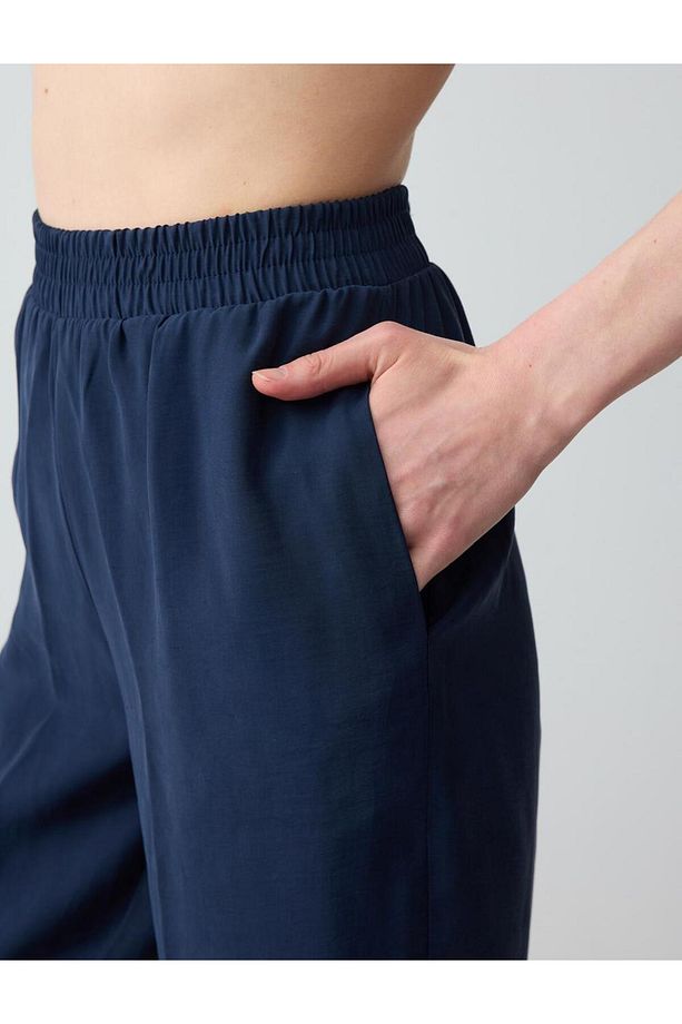 Lacivert Yüksek Bel Normal Paça Modal Dokuma Pantolon - 5