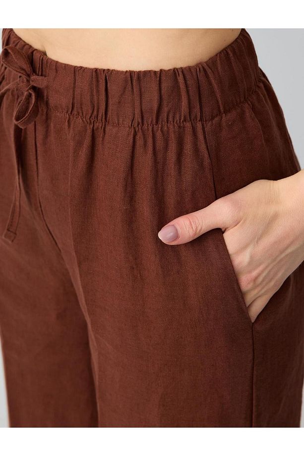 Acı Kahve %100 Keten Yüksek Bel Bol Paça Bağcıklı Pantolon - 5