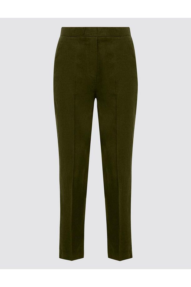 Haki %100 Keten Yüksek Bel Normal Paça Dokuma Pantolon - 7