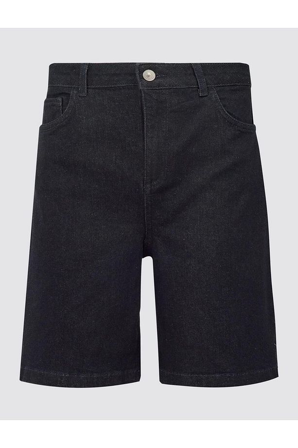 Koyu Mavi Yüksek Bel Bol Paça Denim Şort - 8