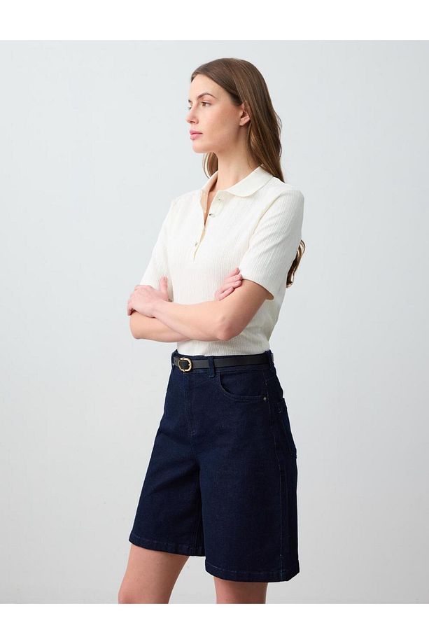 Koyu Mavi Yüksek Bel Bol Paça Denim Şort - 3