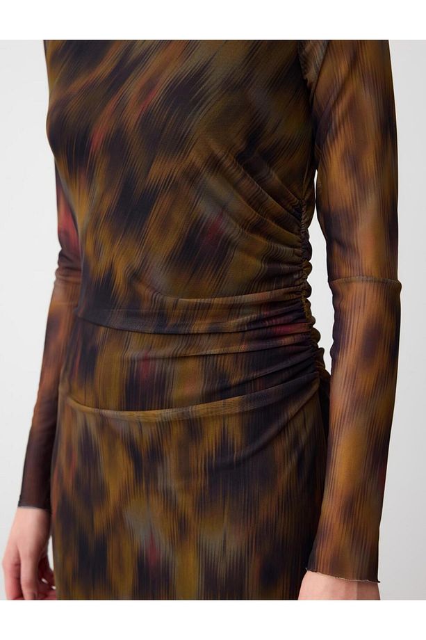 Desenli Dar Kesim Leopar Desenli Mesh Örme Midi Elbise - 5