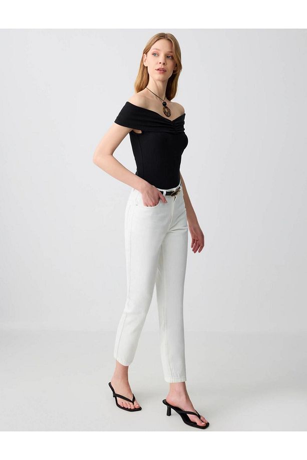 Ekru %100 Pamuk Yüksek Bel Normal Paça Denim Pantolon - 3