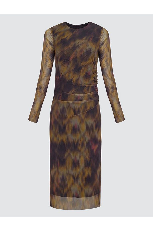 Desenli Dar Kesim Leopar Desenli Mesh Örme Midi Elbise - 7