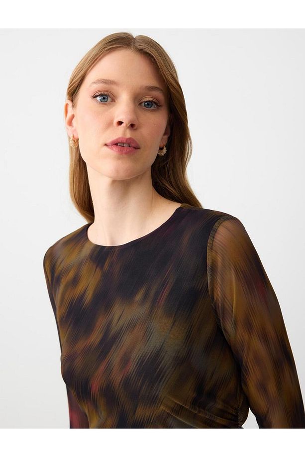 Desenli Dar Kesim Leopar Desenli Mesh Örme Midi Elbise - 4