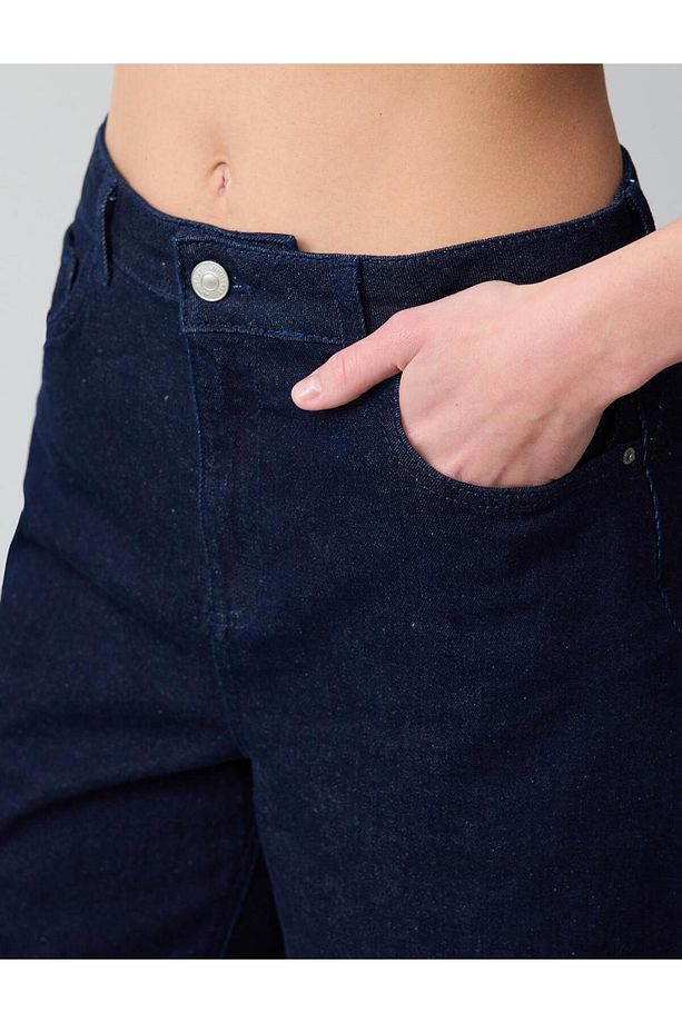 Koyu Mavi Yüksek Bel Bol Paça Denim Şort - 6