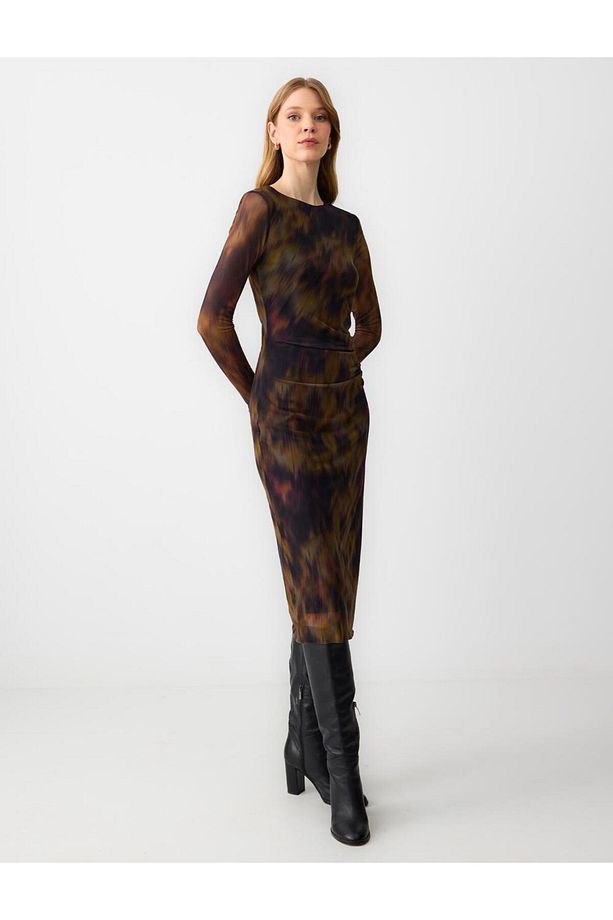 Desenli Dar Kesim Leopar Desenli Mesh Örme Midi Elbise - 3