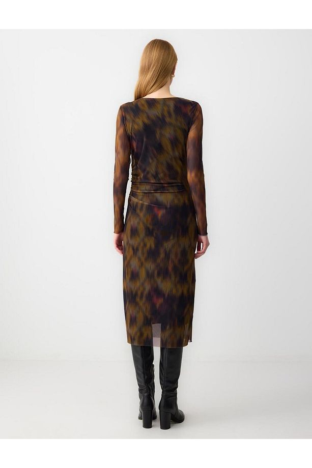 Desenli Dar Kesim Leopar Desenli Mesh Örme Midi Elbise - 6