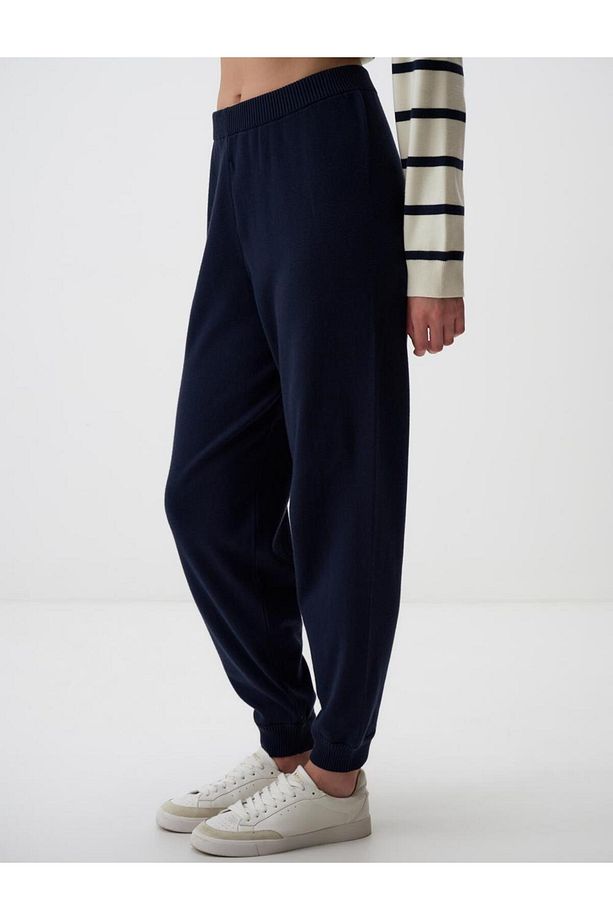 Lacivert Yüksek Bel Lastikli Paça Jogger Pantolon - 4