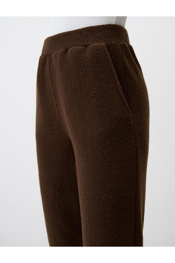 Koyu Kahve Dar Kesim Yüksek Bel Dar Paça Polar Örme Pantolon - 5