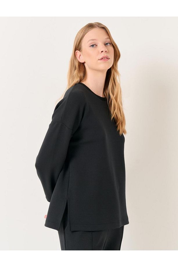 Siyah Uzun Kollu Oversize Bisiklet Yaka Sweatshirt - 4