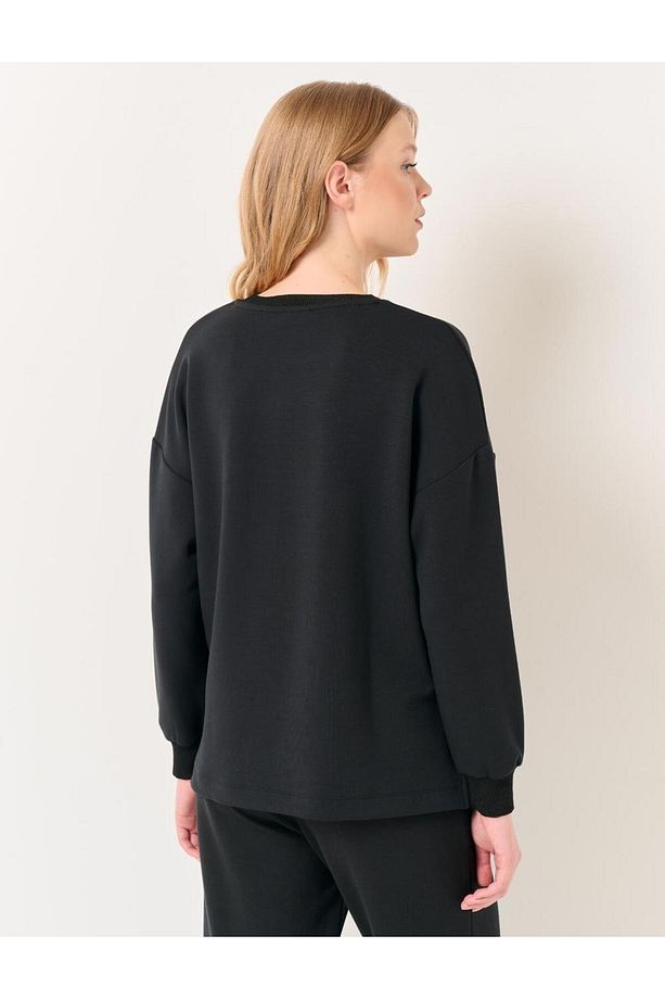 Siyah Uzun Kollu Oversize Bisiklet Yaka Sweatshirt - 5