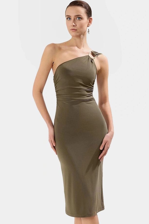 Şık Tek Omuz Midi Elbise 96% Polyester 4% Elastan Kumaştan Profesyonel Görünüm Dayanıklı Malzeme - 1