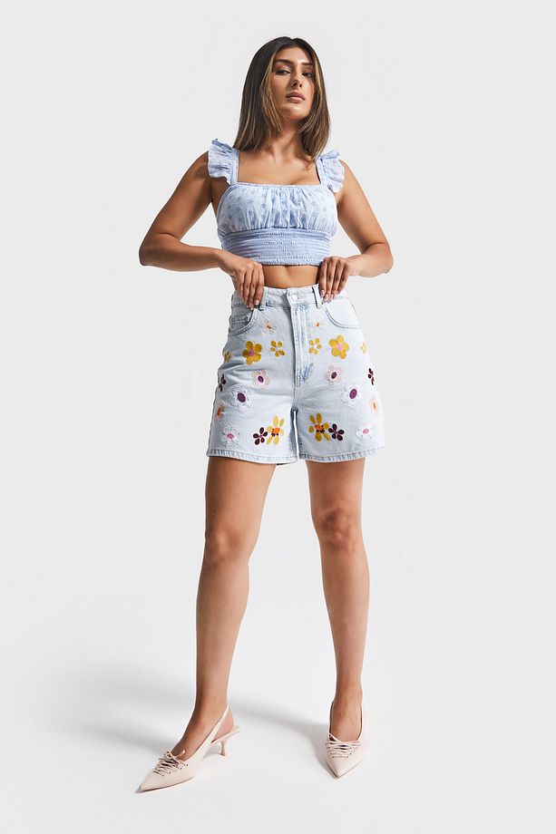 Kadın Ice Kot Rengi 3s5-3 Renkli Çiçek Nakışlı Midi Boy Rahat Kesim %100 Koton Tasarım Denim Şort - 4