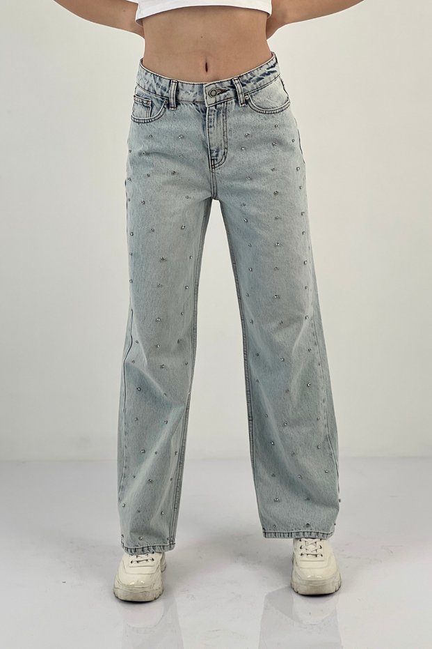 Women's Loose Wide Leg Stone Jeans Baggy Fit Ice Blue Denim Trousers