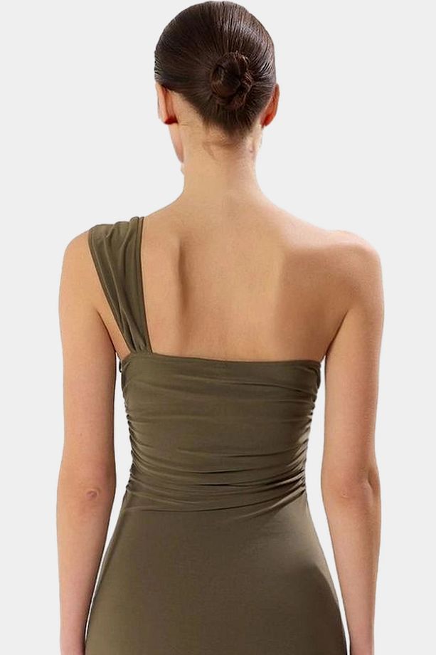 Şık Tek Omuz Midi Elbise 96% Polyester 4% Elastan Kumaştan Profesyonel Görünüm Dayanıklı Malzeme - 3