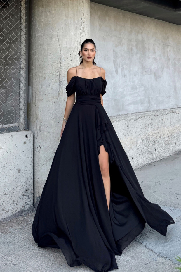 Alice Madonna Collar - Rope Strap and Slit Evening Dress