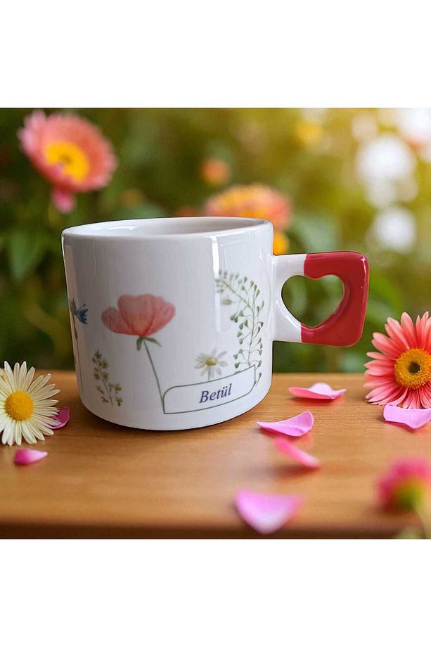 Zarif Çiçekler Baskılı El Yapımı Doğal Seramik Kırmızı Kalp Kupa Bardak / Mug - Çay & Kahve Fincanı - 5
