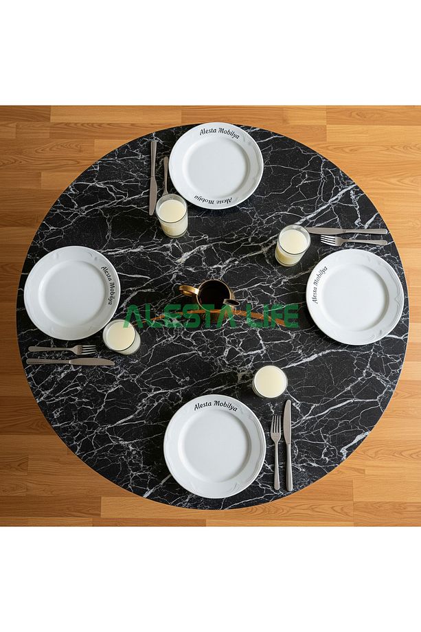 80 Cm Çap - Siyah Desenli Katlanabilir Yer Sofrası Hamur Açma Tahtası Oyun Masası - 21 Cm Yükseklik - 1