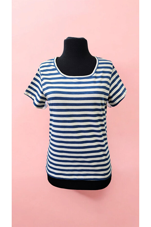 Navy Blue Striped Crew Neck Women's Basic T-Shirt