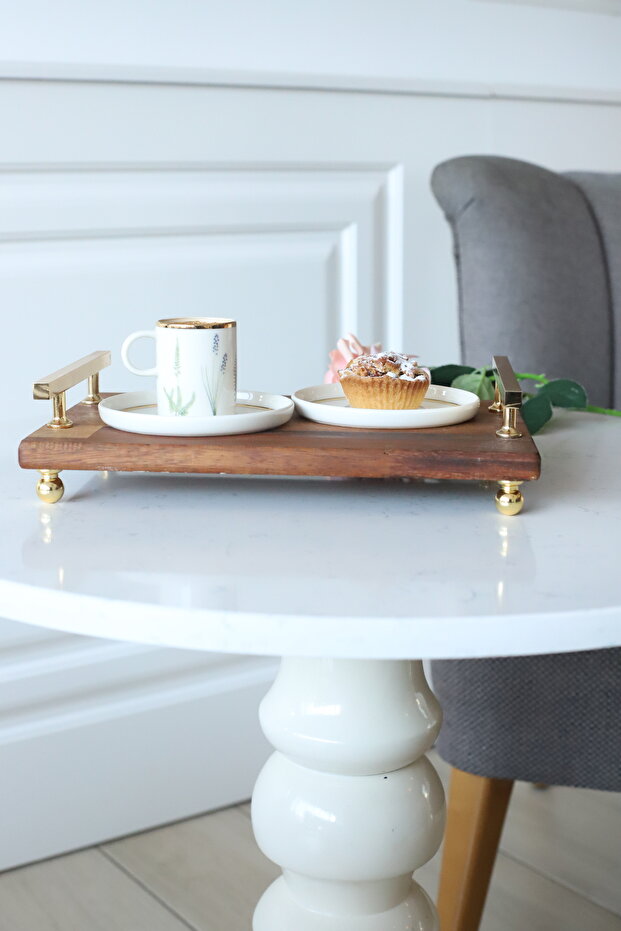 Wooden Gold Beaded Footed Florya 30X19 cm Tray, Engagement Promise Tray with Gold Handles, Coffee Corner Presentation Tray