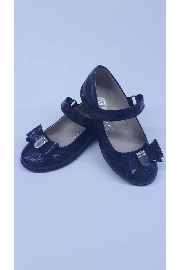 Girl's Ribbon Stone Printed Navy Blue Patent Leather Orthopedic Ballerina Shoes