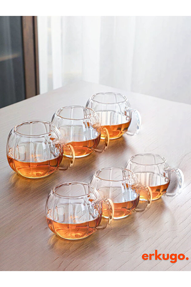 6 Adet Bal Kabağı Model Borosilikat Kahve Sunum Bardağı, Kulplu Meşrubat Bardağı (450 ML) Civelek - 3