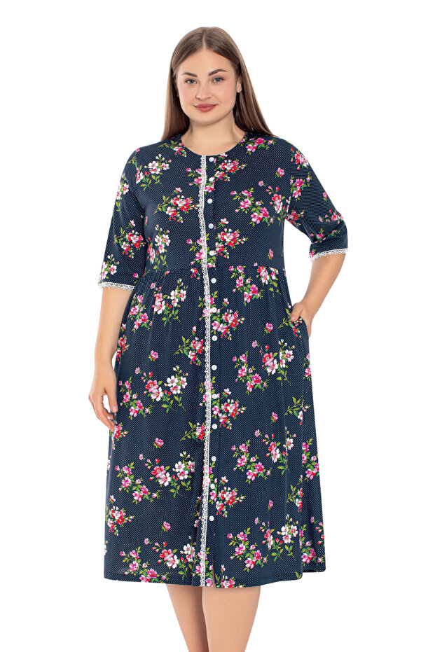 Women's Large Size Cotton Modal Fabric Patterned Button Dress 7817