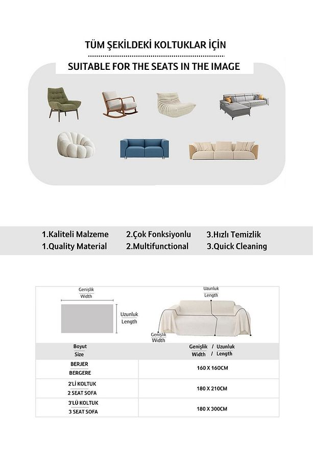 Koltuk Örtüsü 180 X 200 Cm Kanepe Çekyat Divan Berjer Örtüsü Pamuklu Yikanabilir Sade Şal - 4