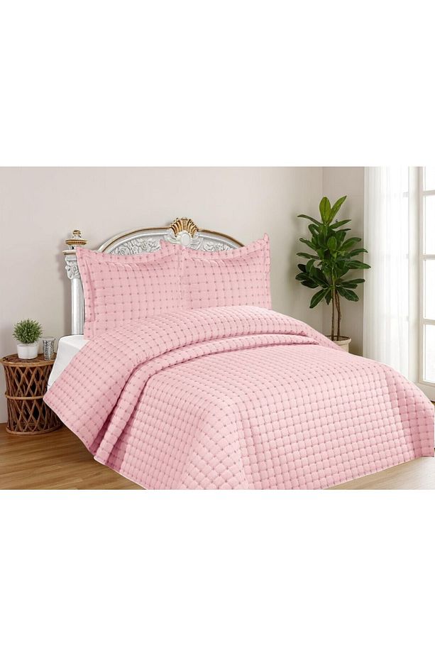 Kaliteli Kapitone Çift Kişilik Yatak Örtüsü Seti ( Pembe ) - 3