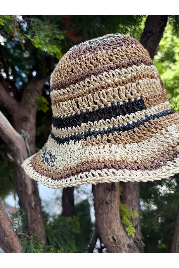 14719 El Örgüsü Kahve Hasır Bucket Şapka - 4