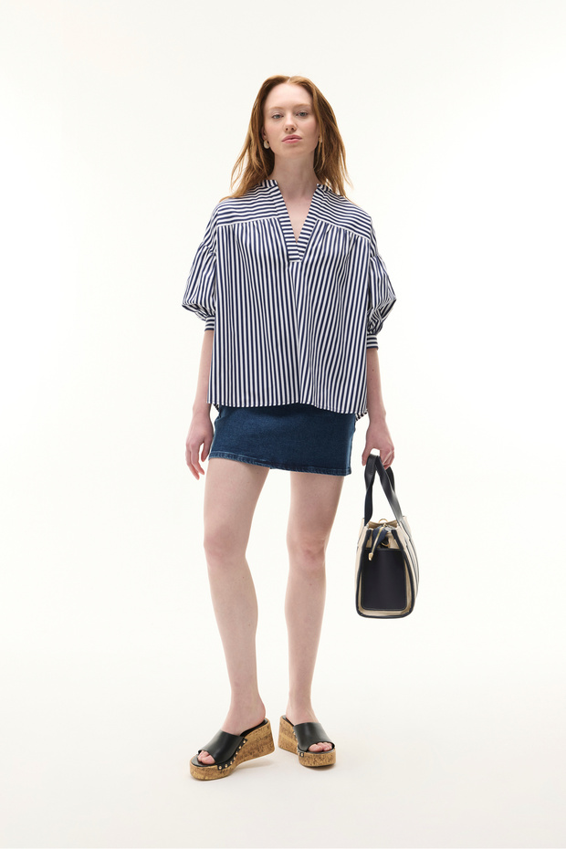 ÇİZGİLİ V YAKA OVERSIZE BLUZ - 3