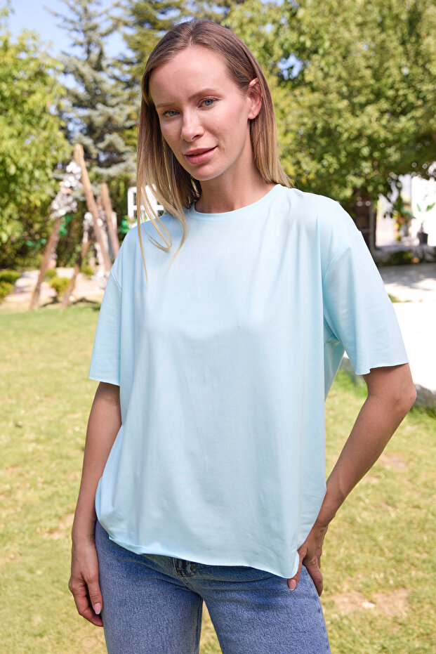 Basic Bisiklet Yaka Oversize Modal Tişört - 2