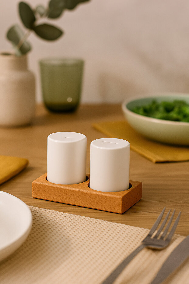 Keramika Matte White Stackable Salt and Pepper Shakers Set with Natural Wooden Stand