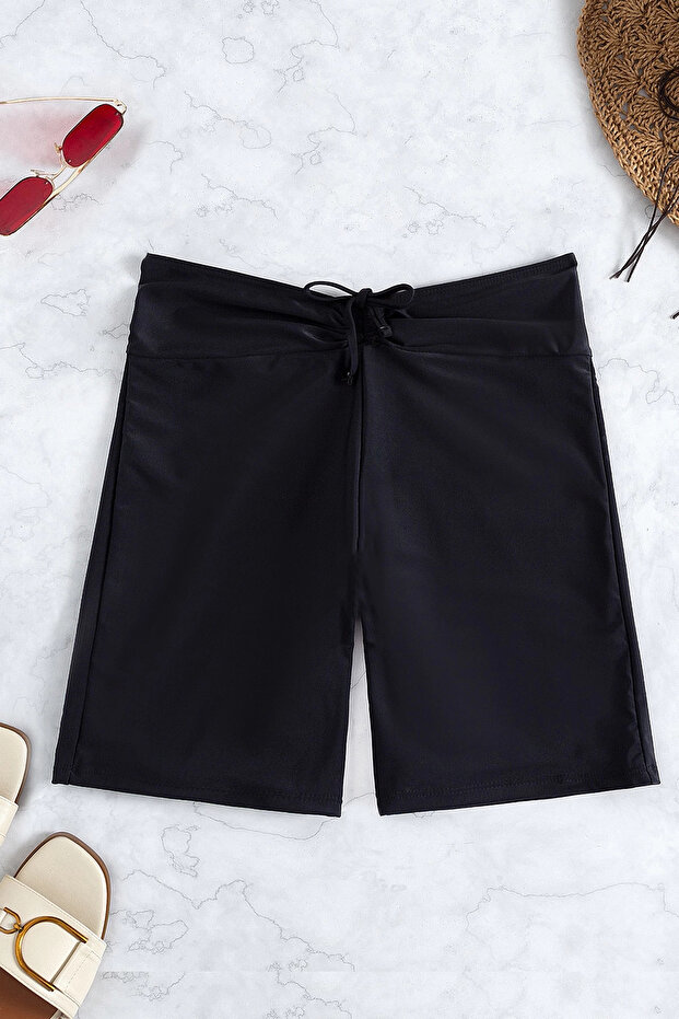 Kadın Siyah Önden Bağcıklı Deniz Şortu - 6