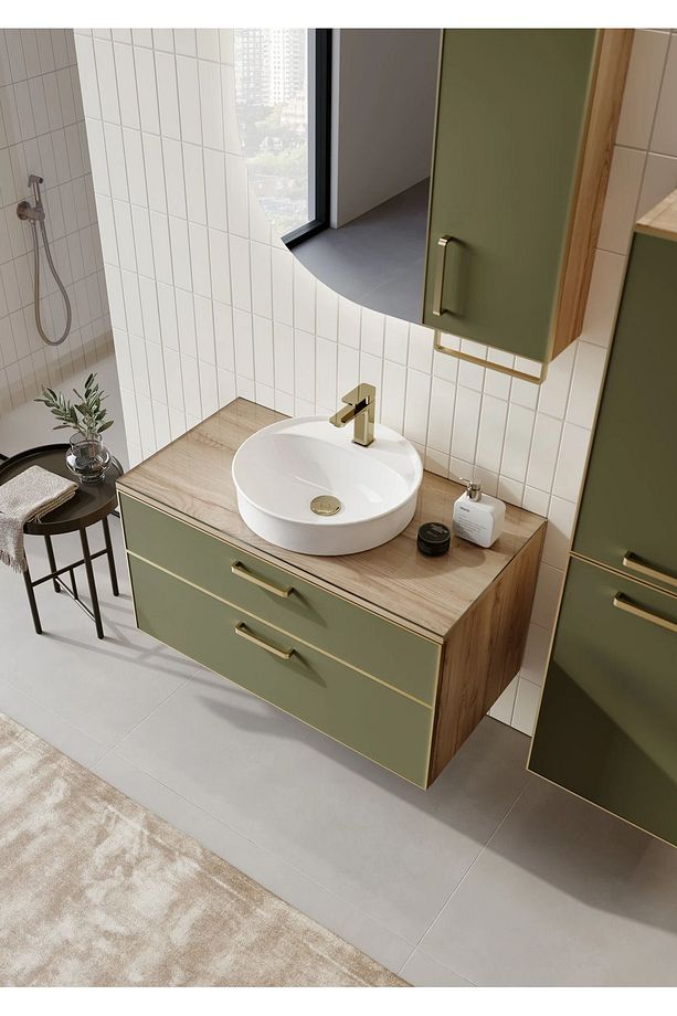 Salerno 100 Cm Sardunya Altın Banyo Dolabı Alt Modül Ve Lavabo(SADECE ALT MODÜL VE LAVABO) - 1