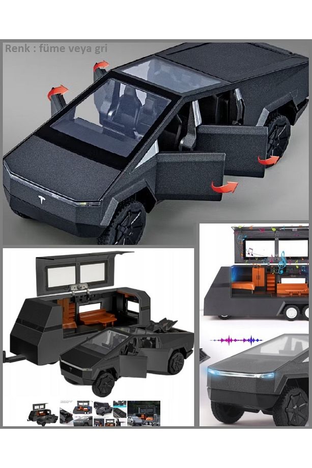 Diecast Metal Tesla Cybertruck Pickup ve Karavan 1:32 Kamyonet Jip Demir Araba Kapı Bagaj Açılır - 5