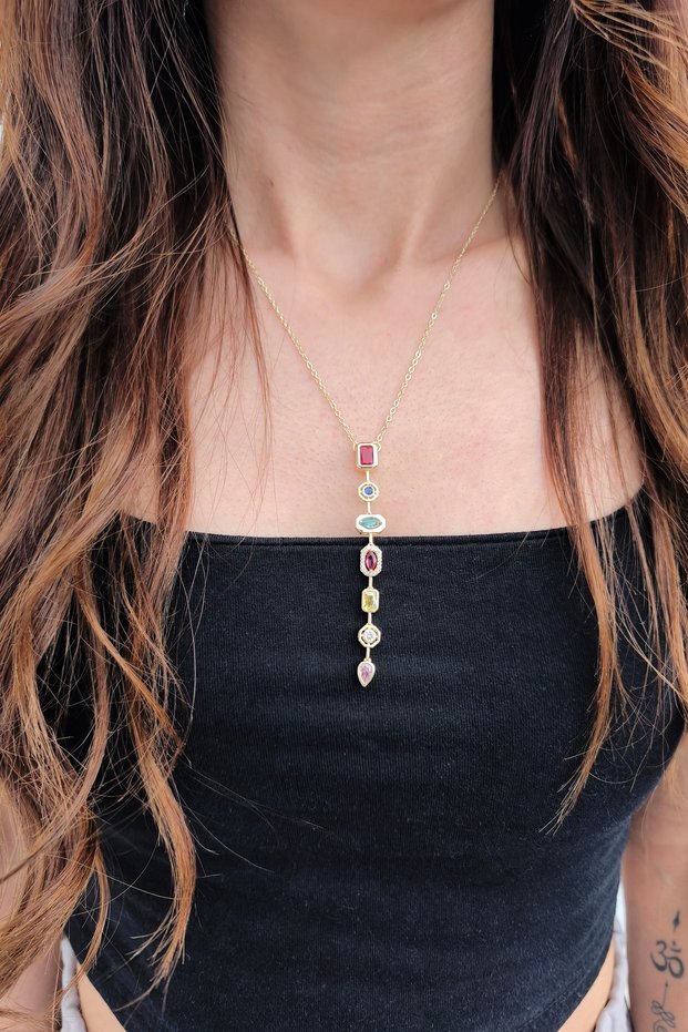 Steel Multicolored Stone Y Necklace