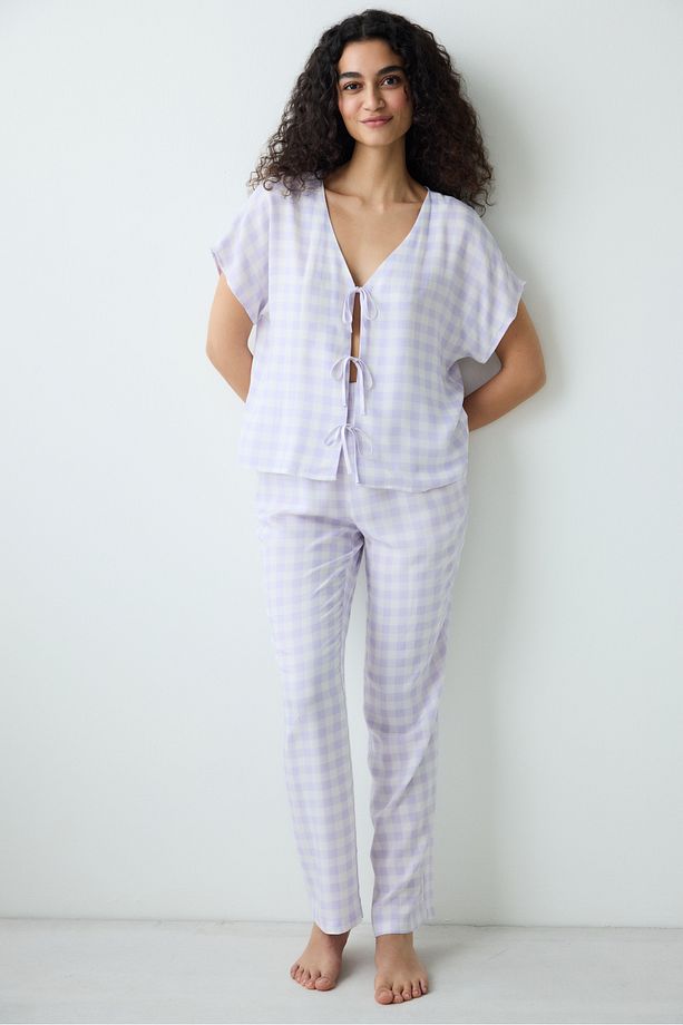 Purple Gingham Pantolon Pijama Takımı - 2