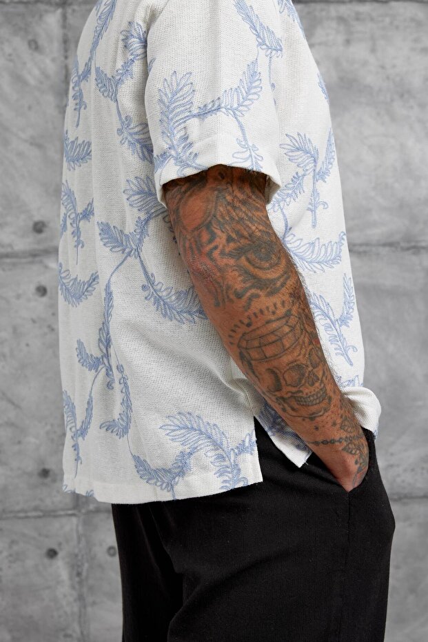 Blue Patterned Oversize Shirt - 4