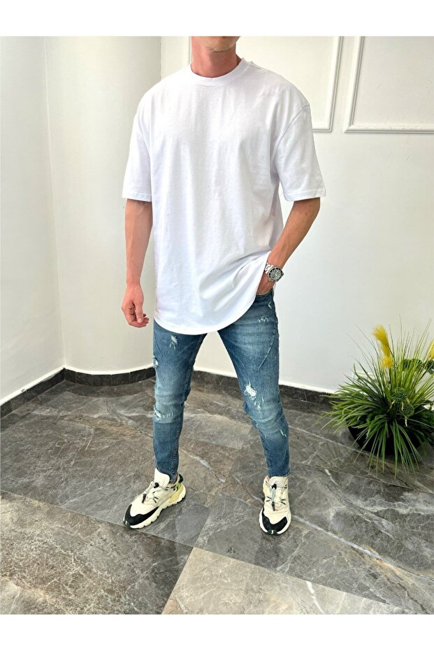 Erkek Oval Kesim Basic Beyaz Tshirt - 1